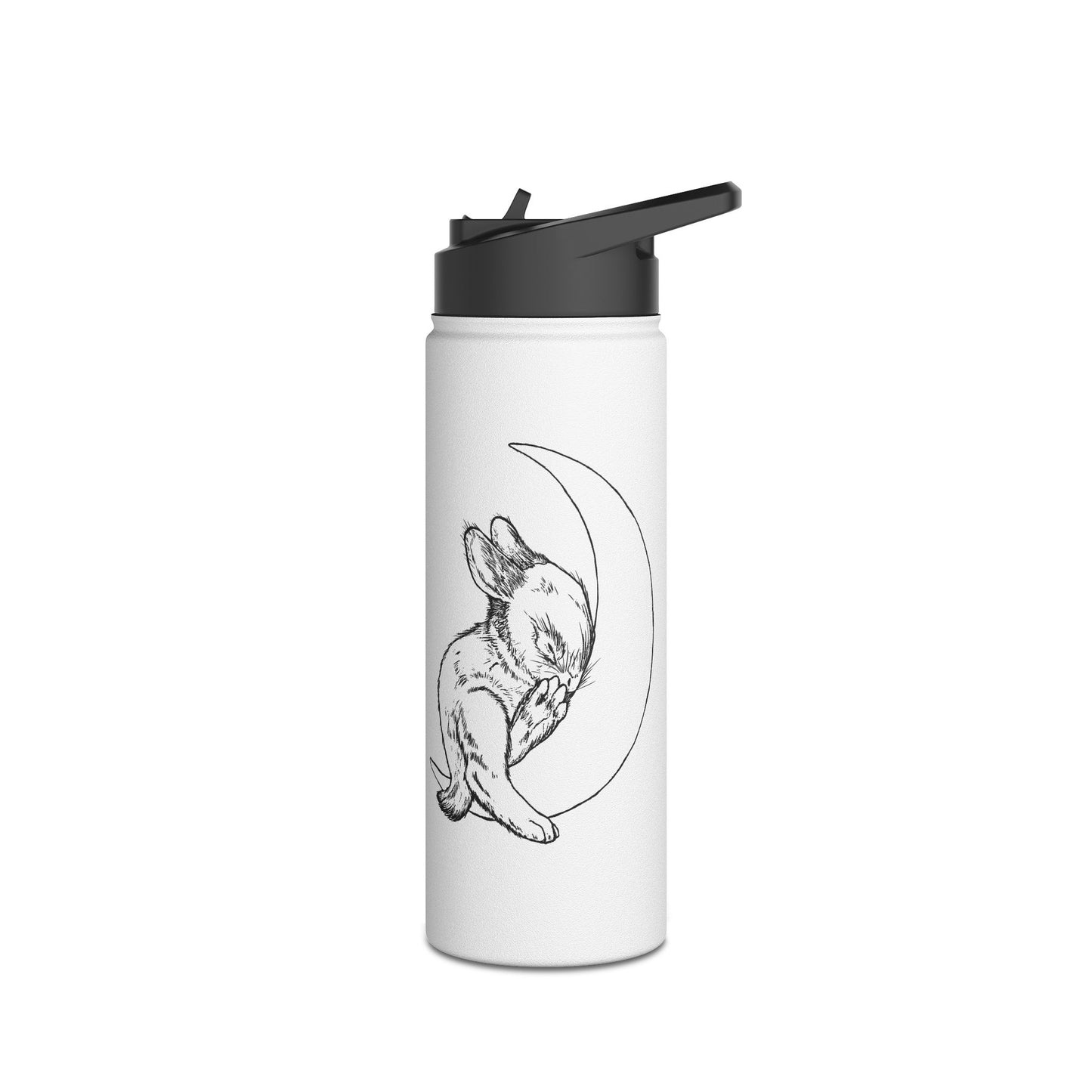Water Bottle with Baby Bunny Sleeping on Crescent Moon Design