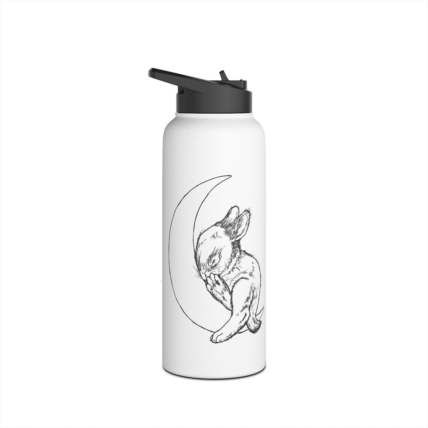 Water Bottle with Baby Bunny Sleeping on Crescent Moon Design