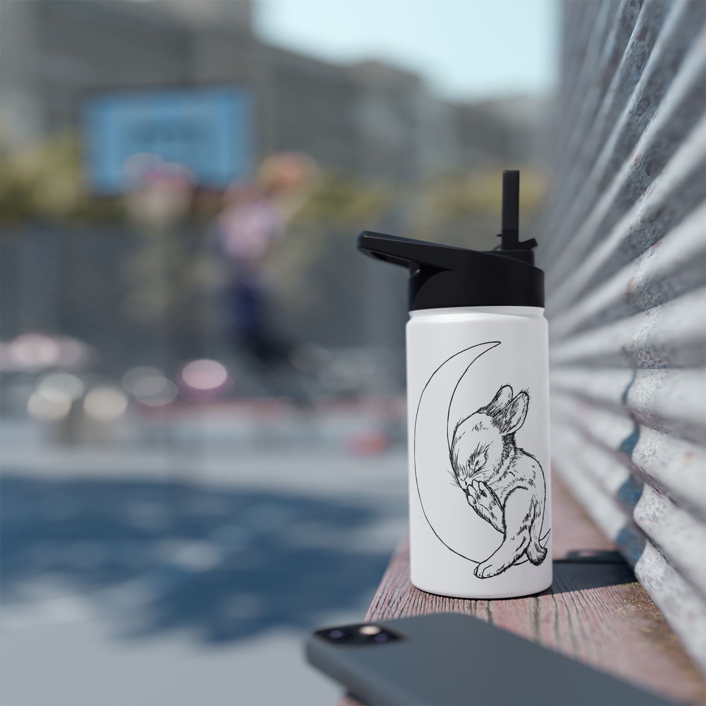Water Bottle with Baby Bunny Sleeping on Crescent Moon Design