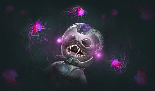 Taqriel, a furry creature with large eyes, stares in excitement at the bright magenta jellyfish that float around her. In these depths, she wears a hard-shelled suit to keep herself safe.