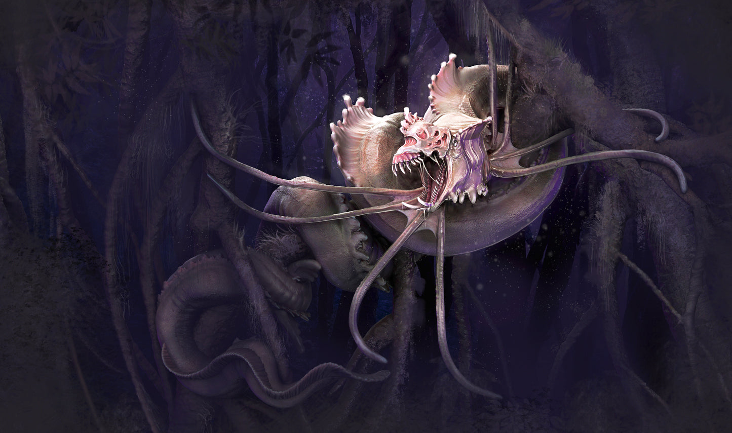 This slithery creature uses its long body to stay aloft in the trees. Its jaw is open, drool dripping onto its pale white skin.