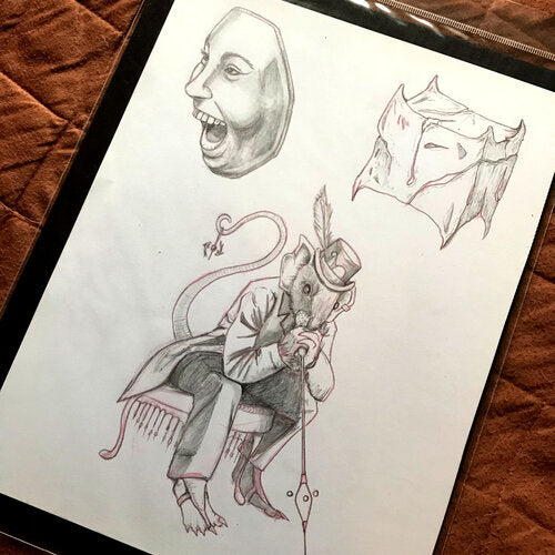 Three objects. The top is a face with an open-mouthed, neutral expression. The next object is a cube, with jagged, spiked edges. Finally, the main drawing is of an anthropomorphic mouse. This mouse wears fine clothing and sits in a thoughtful position atop an ottoman. He wears a top hat with a feather sticking out of it, and clutches a small staff between his paws.