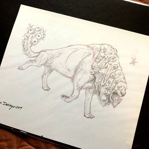A lion-like quadruped with bulbous infestations on its mane and tail. Above its head hovers a small bee.