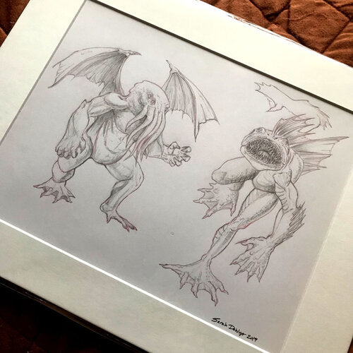 Two creatures. The left creature is a reptilian humanoid with winds and a squid-like head, similar to most Cthulhu depictions. The creature to its right is a fish humanoid, with webbed digits and spines that create fins. It is in the middle of running, jaws open at the viewer to show rows of thing, sharp teeth.