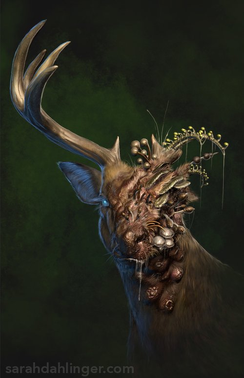 A deer that has contracted some sort of fungal infection. On the right side of its face, fungi have sprouted from the skin, and bulbous sores pepper its neck. Its right antler is gone, replaced by some green plant.