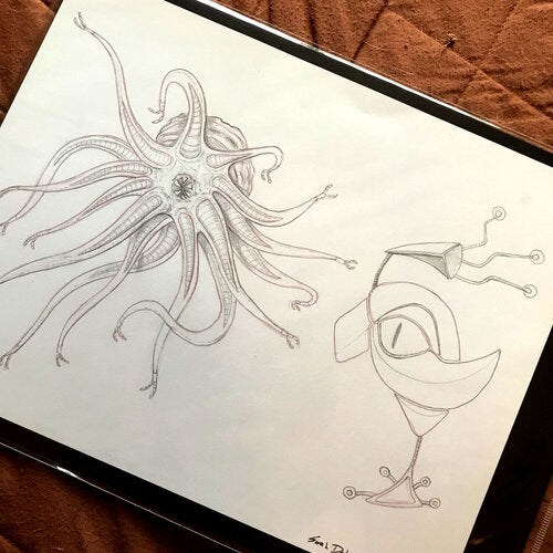 Two creatures. One is a mass of tentacles with a circular mouth showing on its underside. The other is a mechanical eye with parts extending from it, most likely to help it fit on someone's socket.