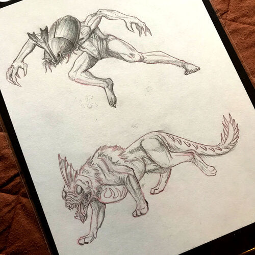 Two creatures. One is a humanoid with a bug for a head, ready to pounce. The other is a cat with a long and spiny tail, and a predatory fish head full of teeth.