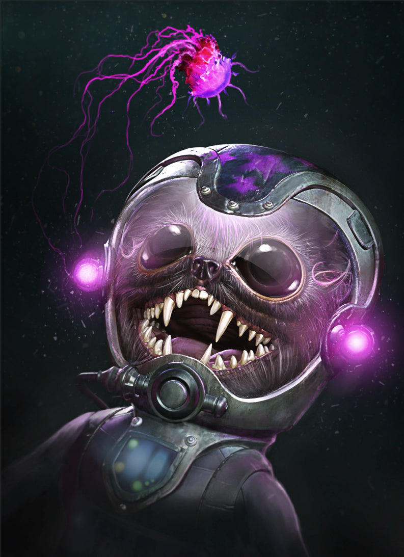 Taqriel, a creature similar to a bushbaby, stares in open-mouthed delight at a jellyfish creature above her head. Taqriel wears a swimsuit with a helmet and a bright magenta light on either side of her head, matching the jellyfish.