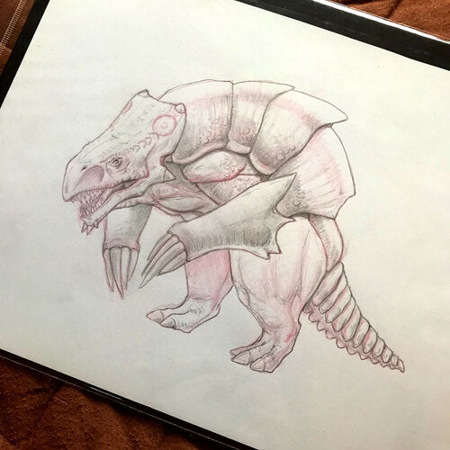A creature similar to an herbivore dinosaur, with hard plates on its back and a beak-like jaw. It stands on two legs and has long claws for fingers.
