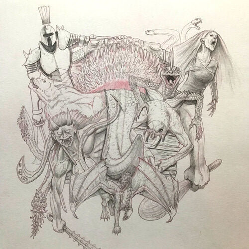 An amalgamation of several humanoid figures melted together. A lizard creature, a knight, a woman screaming, snakes, a demon, a dragon, and more are all protruding from this creature.
