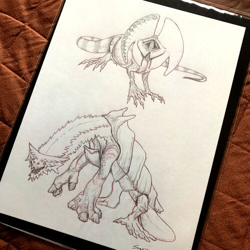 Two creatures. The top is akin to a lizard, with two fans of skin on either side of its head. The other creature is quadrupedal with a furry head and long, furry neck. Its legs are chunky and it has plates along its back.