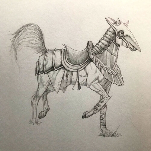A drawing of a horse decked out in armor.