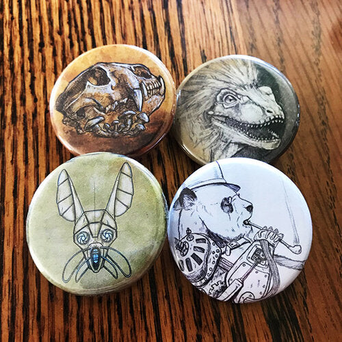 Four pins, with a steampunk and bone flair.