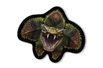 A roaring snake like dragon head with petal like appendages that are red, green, and yellow.