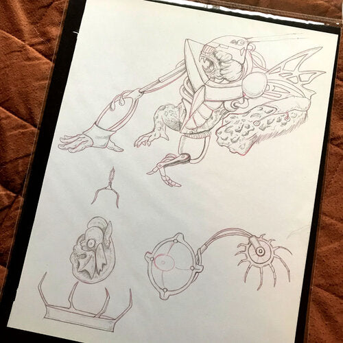 Concept drawings of a gorilla creature covered in tech.