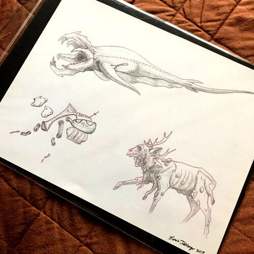 Two creatures and some accessories. The top creature, dubbed the "space worm" is a smooth and finned creature with a long tail. Its most noticeable feature is its mouth, which has six different jaw sections and opens like a spindly flower. Beneath it, the creature dubbed the "plague deer" walks. This creature is similar to a dear but has growths festering along its unnaturally thin body. In between them there are some miscellaneous mechanical sketches.