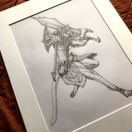 An anthropomorphic cat stands ready to launch into battle, wielding a jagged sword. An embellished ax is holstered at her back, and she has a pack tied at her waist.