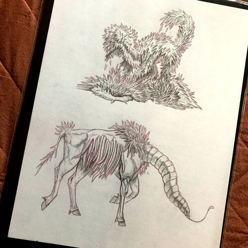 Two creatures. The top creature is slightly crouched. Ermine in nature, its fur is bushy and main of an unknown spiny substance. The creature below has the body of a cow and the head of a worm. Its fur, which sits only between its shoulder blades and at its ribs, is long, thick, and slightly wavy. It is in the middle of walking, worm-head bent low to the ground.