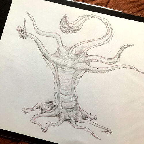 A creature built like a tree, with tentacles on both the top and bottom. In one tentacle, it grasps a car, tiny in its grip.