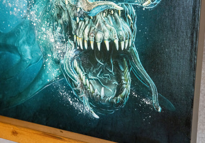 A close-up of the shark's jaw on the canvas.