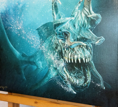 A close-up of the shark on the canvas.