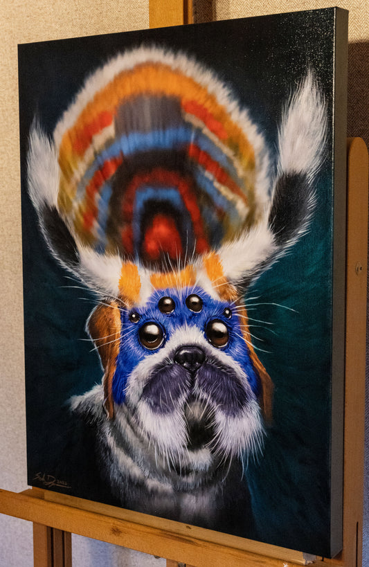 A picture of the canvas resting on the easel. This pug has fur akin to a spider, with eyes to match. Its head feathers out with orange, black, red, and blue into a mesmerizing display.