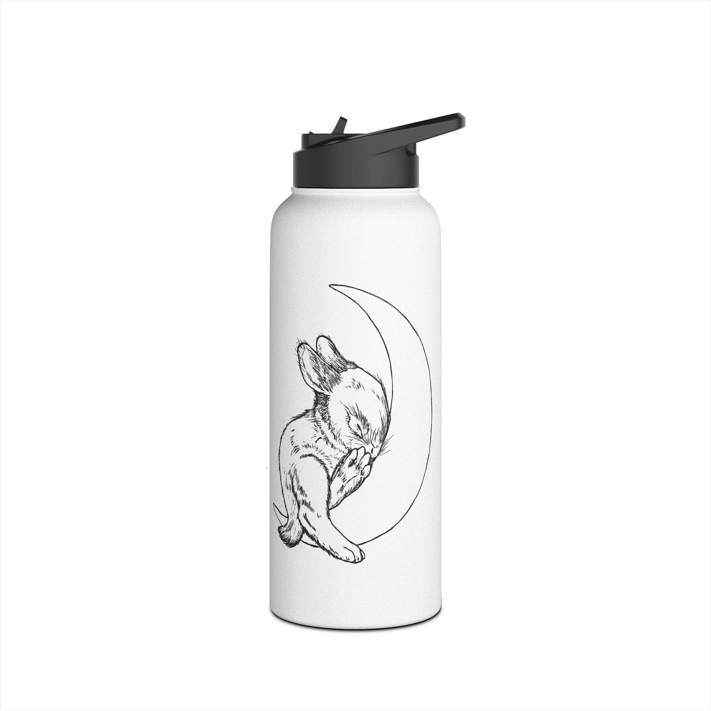 Water Bottle with Baby Bunny Sleeping on Crescent Moon Design