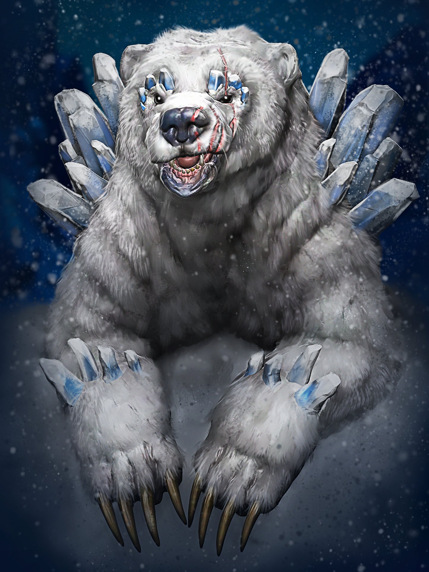 This bear lies on fallen now, adorned with crystals protruding from its wrists, eyebrows, shoulders, and back. Its white fur darkens with dirt, and its lazy snarl shows off the old clawmarks on its face. Snow continues to fall around it.