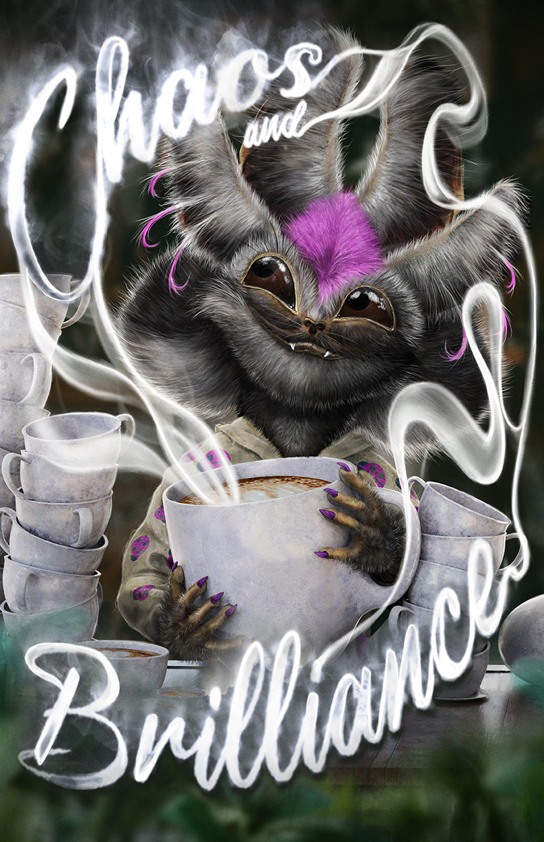 Taqriel - a bushbaby/cat like alien creature from Astra Fauna with a cup of coffee, enjoying a warm beverage to start the day. She is surrounded by text made from steam. Text reads chaos and brilliance.