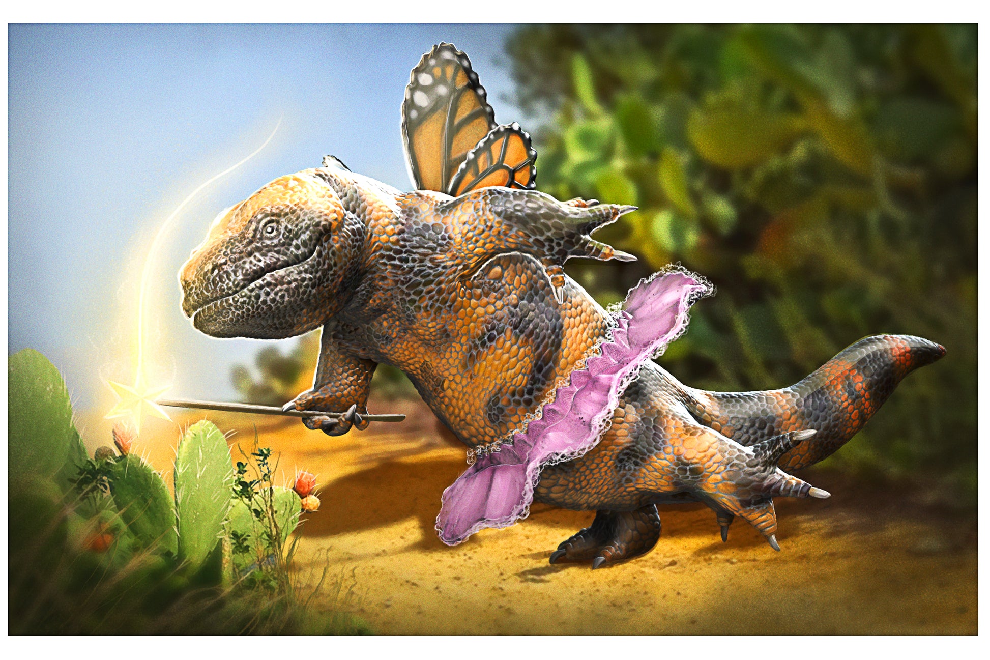 A scaly lizard blesses a cactus with its wand. The star on the tip of this wand glows with gold energy. The lizard is black and orange with monarch wings, and has donned a pink tutu.