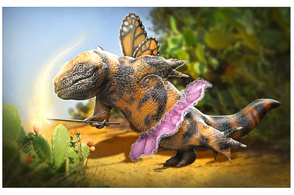 A scaly lizard blesses a cactus with its wand. The star on the tip of this wand glows with gold energy. The lizard is black and orange with monarch wings, and has donned a pink tutu.