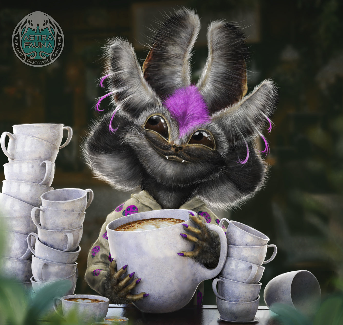 Close up of her furry face. Taqriel - a bushbaby/cat like alien creature from Astra Fauna with a cup of coffee, enjoying a warm beverage to start the day.