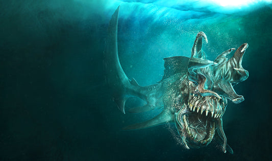 A shark lunges forth from the green-blue watery depths. Its mouth is most of its head, with large teeth similar to hands. Its hammerhead antlers protrude from its scalp, and there are marks along its fins. It is a weathered and dangerous creature.