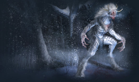 A humanoid creature poses with threatening craws extended at its side. Covered in striped fur with feathering on calves and wrists, this maned-beast is slacked-jawed with hunger. Two pairs of grayed antlers spout from its head, and blue/white fur seems to be stained red at its muzzle. The snowy backdrop behind it is otherwise silent.