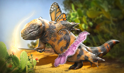 A scaly lizard blesses a cactus with its wand. The star on the tip of this wand glows with gold energy. The lizard is black and orange with monarch wings, and has donned a pink tutu.