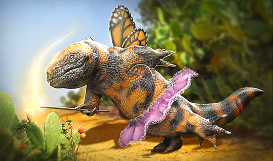 A scaly lizard blesses a cactus with its wand. The star on the tip of this wand glows with gold energy. The lizard is black and orange with monarch wings, and has donned a pink tutu.