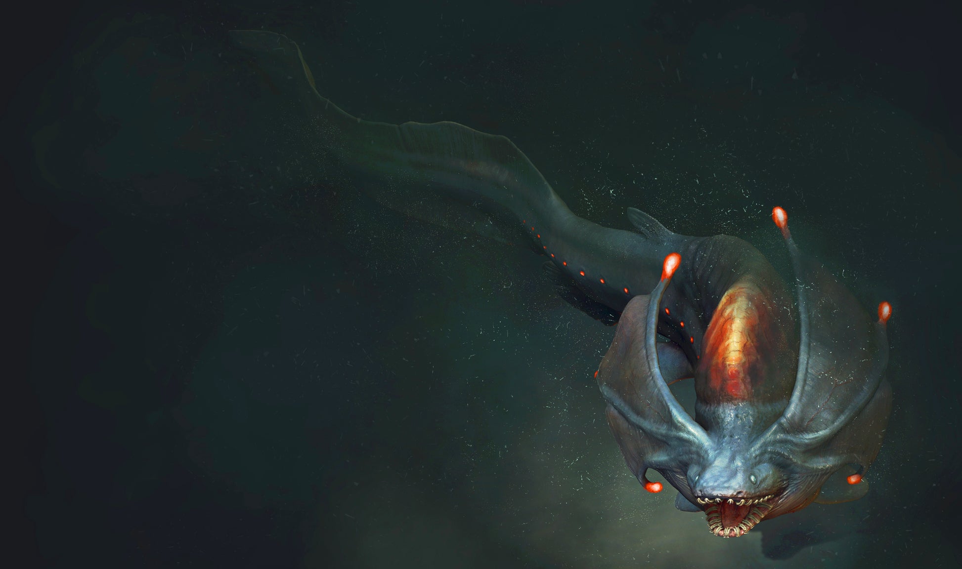 A slithering eel-like creature appears from the depths, small bubbles dancing around it. Though this creature is mostly a muted green, it has bright red lights dotting a line down its side, and forms bright bulbs on its fins that jut out from its head. Its mouth opens to show columns of teeth, not rows.