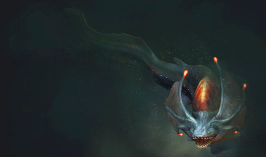 A slithering eel-like creature appears from the depths, small bubbles dancing around it. Though this creature is mostly a muted green, it has bright red lights dotting a line down its side, and forms bright bulbs on its fins that jut out from its head. Its mouth opens to show columns of teeth, not rows.