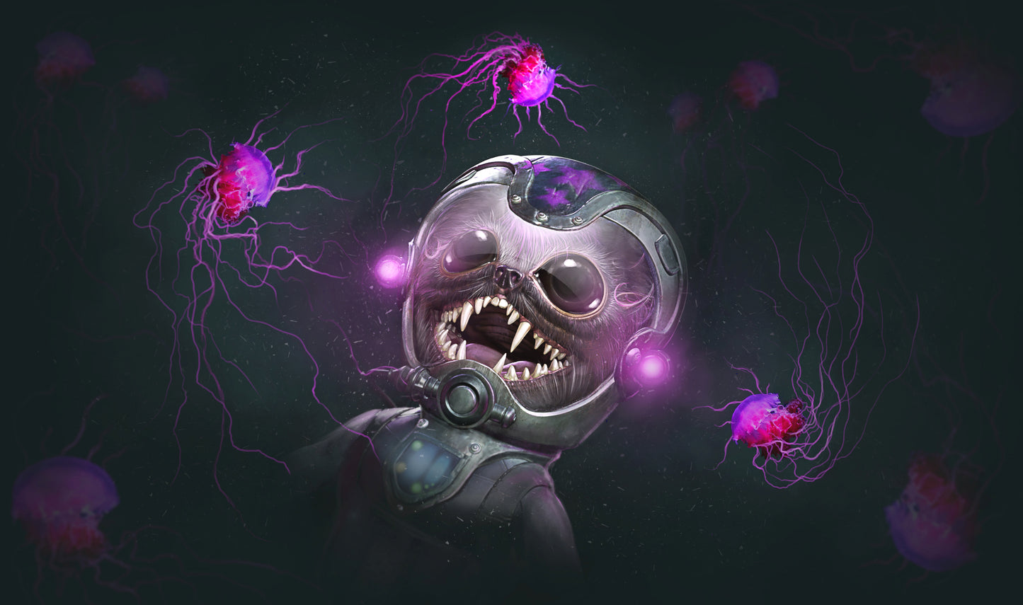 Taqriel, a furry creature with large eyes, stares in excitement at the bright magenta jellyfish that float around her. In these depths, she wears a hard-shelled suit to keep herself safe.