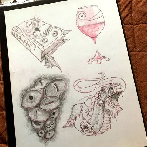 Four objects. The top left is a grisly-looking books, with teeth, horns, a tail, and at least three eyes. The Object to its right is a wine glass with wine in it, but the glass has no stem. Instead, it floats in the air, and the base beneath appears to anchor it in the air. The bottom left is a mass of about ten eyes, all with different traits. The bottom right shows a dragon-like figure with no limbs.