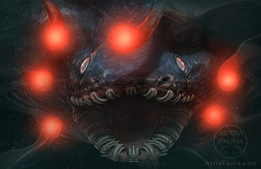 A picture of an underwater creatures open mouth, showing columns of teeth. Six bright bulbs of red light frame the creature's face.