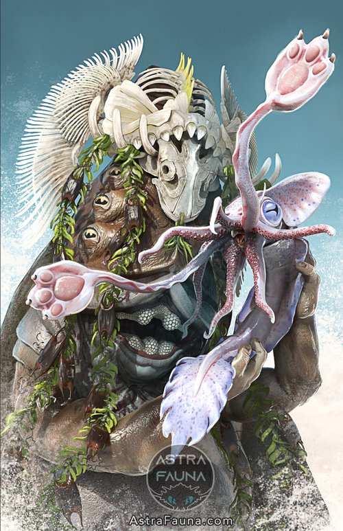 A brown, reptilian creature with six eyes is open-mouthed, presumably in the middle of practicing a routine. She wears seaweed and a skeletal fish atop her head. In her hands is a small pet in motion. It is pink with blue eyes, and has a small, smooth body. Its tail feathers out into periwinkle, and two limbs protrude from its tentacled mouth. At the end of these tendrils, they each have a paw with small claws.