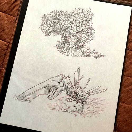 Two creatures. One is a lump of small, jagged objects. Its name suggests these objects are teeth, though the creature is covered so much in them that they are similar to an abundance of leaves on a bush. Below this, a crab-creature is in mid-stretch to grab whatever might be in front of it. Antennae and straight, bone-like structures decorate the top of it.